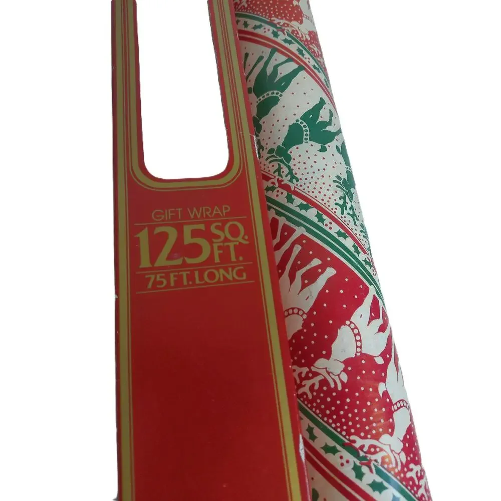 Vintage Cleo Christmas Wrapping Paper Roll 125 Sq Ft Red Green Reindeer 1980s